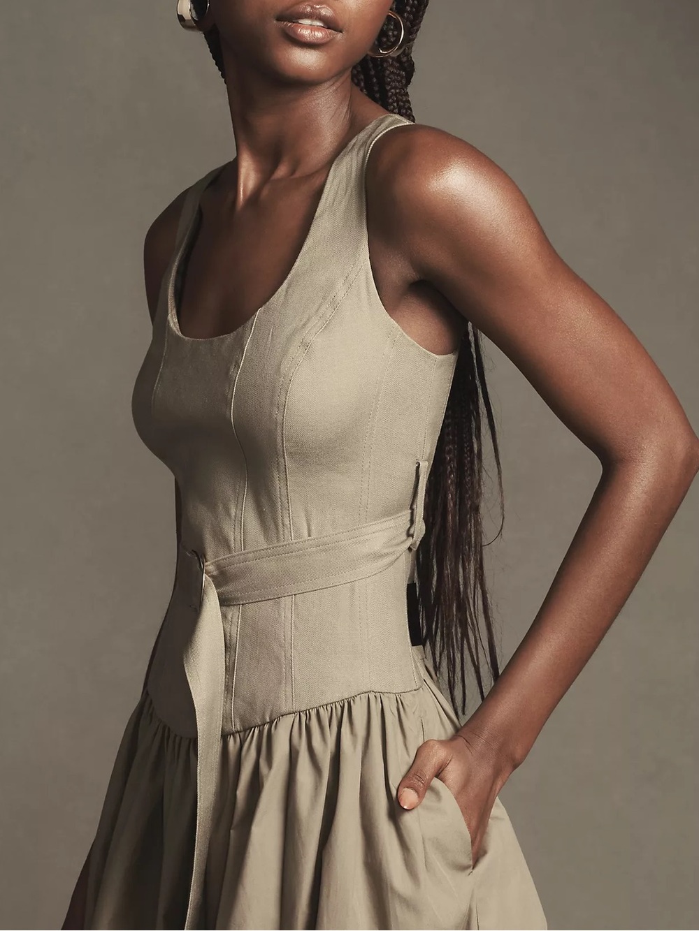 Anthropologie Sleeveless Belted Drop-Waist Midi Dress Utility Corset Olive Small - Picture 2 of 9